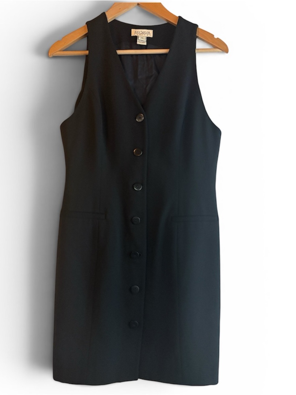 Vintage Ann Taylor Petites Black Button-Front Sleeveless Shift Dress
